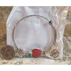 Whimsical Back to School - Silver Tone Charm Bracelet - Apple, Tree, "Big Heart"